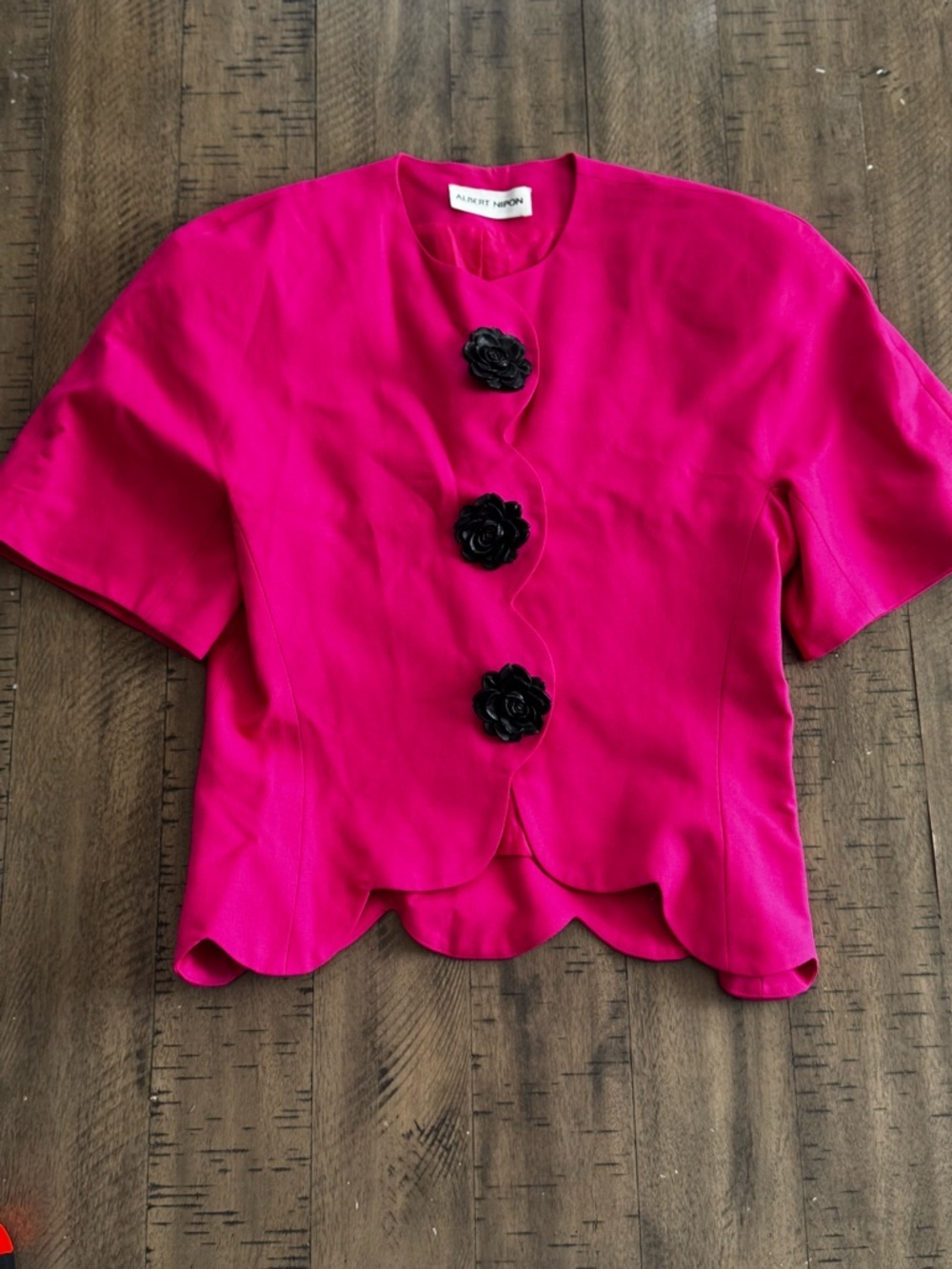 Albert Nipon Hot Pink Scallop Hem Short Sleeve Jacket with Black Floral Buttons